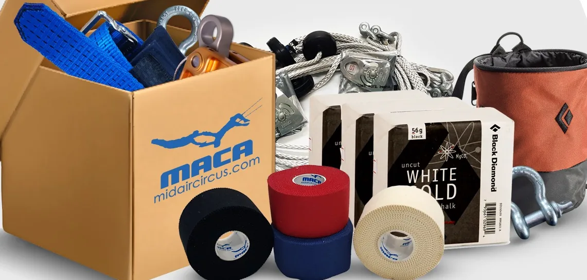 Full stock package of consumables, safety belts and backup cables — MACA flying trapeze rig